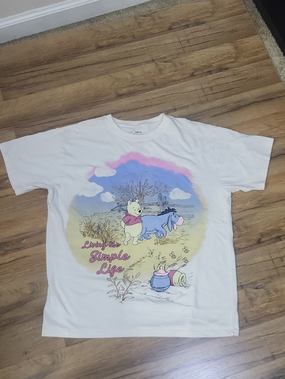 DISNEY Winnie the Pooh & Eyeore Embroidered Living The Simple Life Cream Tee